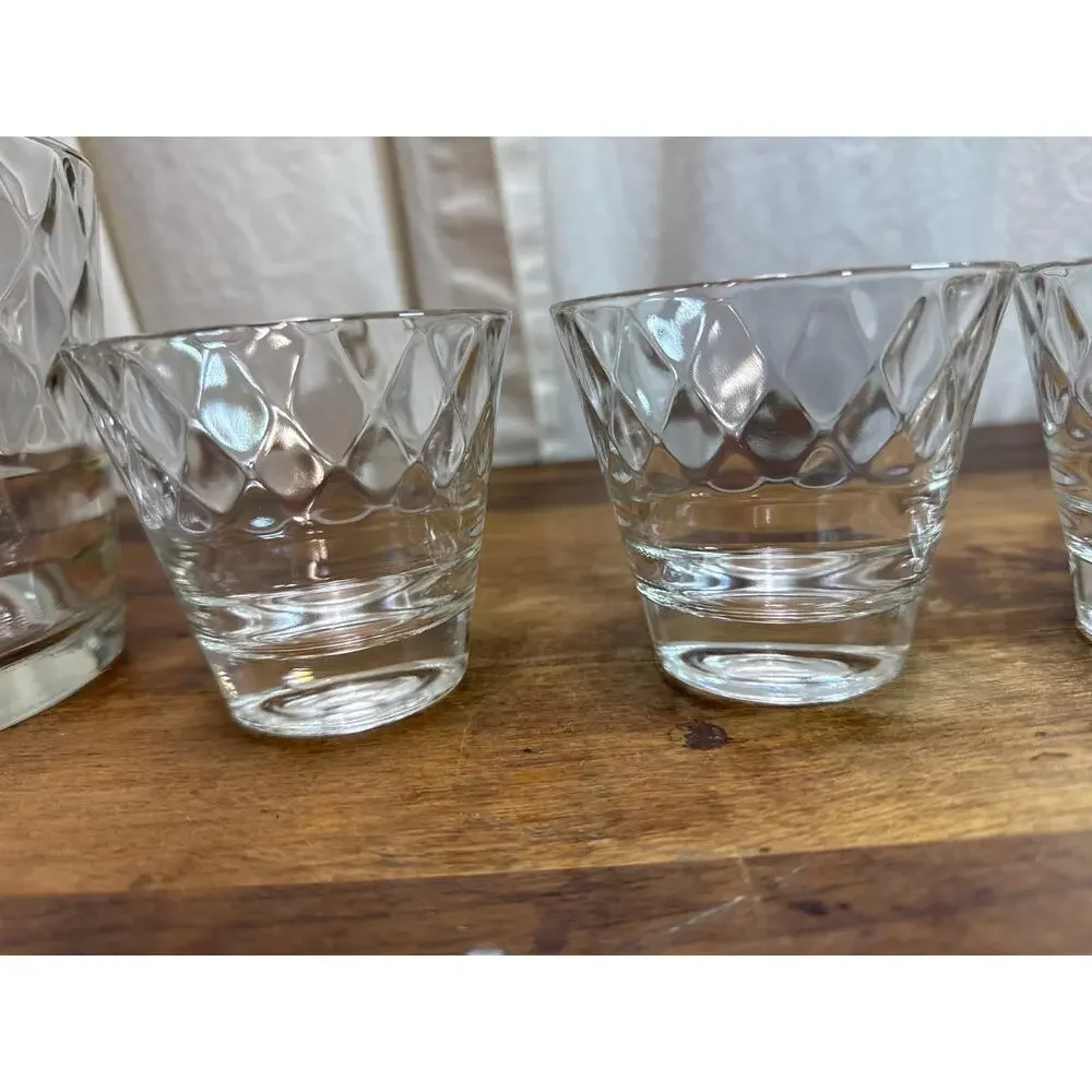 Glass Ice Bucket & 4 Cups Diamond Pattern Vintage Clear Thick Cut MCM Barware